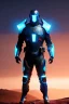 Placeholder: neon blue, floating triangle of light orbiting behind the back, cyber armor, geometric patterns on armor, male, orbiting triangle