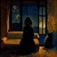 Placeholder: A lonely woman and a cat sitting in an empty room on a sofa at twilight looking through the widnow outside into the twilight painted in a sentimental mode by Klimt