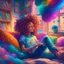 Placeholder: A beautiful girl with curly hair is sitting on the sofa in her room and her beautiful and colorful dreams are flying around the room. A room full of joy and passion and color, digital art, anime, 4k, full details, high resolution