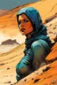 Placeholder: create a fine art print illustration of a rugged gritty, roughly textured Fremen female with highly detailed feminine facial features, traversing a a rocky outcrop amidst the desert sands of Arrakis, dusty, gritty, in the comic book art style of Bill Sienkiewicz, and Jean Giraud Moebius, finely textured, drawn, colored, and inked,