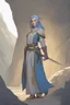 Placeholder: Dnd character in a cave. A female Elf twilight cleric with curly, short, blue hair and golden eyes, wearing gray and blue robes. Etheral, muscular, strong.