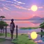 Placeholder: In the anime, a young male character is near the green lake in the sunset afternoon.