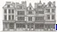 Placeholder: A highly detailed front elevation line drawing of a row of tall, narrow fantasy 2-, 3- and 4-storey houses with shops and a tavern. like Diagon Alley