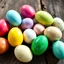Placeholder: A hyperrealistic photograph, 16:9 aspect ratio, ultra-high resolution, showcasing a meticulously arranged cluster of Easter eggs on a rustic, weathered wooden surface. The eggs, vibrant and glossy, exhibit a spectrum of spring colors: sunflower yellow, robin's egg blue, fuchsia pink, and emerald green, interspersed with speckled variations in ivory and cream. Each egg's shell displays subtle textural variations, reflecting the soft, natural light illuminating the scene. The light, a warm, dif