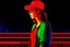 Placeholder: woman with a red baseball hat. leaning on a wooden balcony. night time. fantasy. anime.