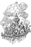 Placeholder: Ink illustration of a small steam punk village in the sky, minimalistic, fine lines, black and white