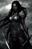 Placeholder: SA female elf with skin the color of storm clouds, deep grey, stands ready for battle. Her long black hair flows behind her like a shadow, while her eyes gleam with a fierce silver light. Despite the grim set of her mouth, there's a undeniable beauty in her fierce countenance. She's been in a fight, evidenced by the ragged state of her leather armor and the red cape that's seen better days, edges frayed and torn. In her hands, she grips two daggers, add dark shadow mystic purple flames