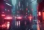 Placeholder: 3D, beautiful, light reflecting, empty city at night, rainy night, neon, cyberpunk, tron, person with helmet walking