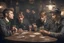 Placeholder: Smoky pub, cheerful young men drinking around a table, a policeman looking thoughtfully at the ID card of one of the boys, lamplight