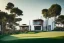 Placeholder: Day in algarve, a modern luxury villas architecture building WITH STRAIGHT LINES AND CANNOPY, white render and wood stripe vertical elements with gold metallic details, overlooking the golf course, hyper realistic 8k ultra render