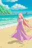 Placeholder: Beach scene a beautiful woman with pink hair, rock, calm water, fish, beautiful colors, very fine detail, high quality, seashell, octopus, mystical, romanticism,