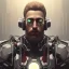 Placeholder: white cyberpunk cyborg men with 3 day beard portait realistic sci fi dirty face and cheap implants focused on face red and white bionic eyes