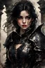 Placeholder: a young black-haired girl in medieval black armor on the castle grounds, vivid emotions, watercolor, photorealism, dark fantasy, bad weather, gloomy day, dark world, sketch art, fine lines, grunge, sensual, darkness, by Raymond Swanland & Alyssa Monks & Anna Razumovskaya