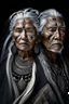 Placeholder: a photo of an Aztec man and woman with ethnic jewelry, grey hair and grey flowing robe, in style of Annie Leibovitz, contemporary portrait of a mature yet beautiful and modernist, black and grey, detailed face, swirling fluid smokey enigma, award-winning artwork