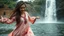 Placeholder: Hyper Realistic Photographic Close Shot Of A Beautiful Pashto Woman With Long Brown Wet Hair Wearing A Pink Frock And Maroon Embroidery Happily Jumping On A River Water And Enjoying Rain With A Beautiful Waterfall And Cloudy Weather At Heavy Rainfall Showing Dramatic And Cinematic Ambiance.