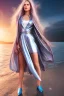 Placeholder: half body shot,realistic portrait of a 20-25 old caucasian model, long blue pink flowing hair, great grey eyes, blue leather jacket,full body, short white skirt,long legs,standing at beach of very nive lake with sunset ,clouds,godrayes