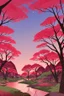 Placeholder: a land scape of Japanese garden, big red moon, red light, black sky, starlight night , surrounded by cherry blossom trees, cel shading