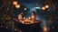 Placeholder: Hyper Realistic Romantic Couple doing candle-light-dinner on a fancy-romantic-wooden-boat in the middle of the river at dark night with sky-lanterns flying in the middle of a jungle