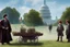 Placeholder: realistic young Harry Potter talking to Rubeus hagrid in front of white house