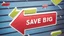 Placeholder: 3d red arrow pointing left, background where colorful arrows racing past lice nascar. "SAVE BIG" written in front arrow