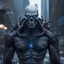 Placeholder: Stunning 4K hyper-realistic sci-fi image of a humanoid male monster with a white skull adorned with large sharp teeth. His black skin is mottled with bright blue neon lines and his piercing black eyes have blue pupils. The creature stands in a dramatic, cinematic setting with a mix of natural and supernatural elements, against the backdrop of the ruined city of New York, anime