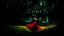 Placeholder: slim nymph dancing in a woodland clearing, with a gothic house behind her. vibrant colour