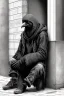 Placeholder: One single mature homeless crow with worn out clothes, sitting in a corner on the street, guitar standing on the left side, Vienna, mourning, perfect iris, model style, hyper realistic, extremely accurate, delicate, extremely detailed, Graphic novel style, wide-angle, open aperture, superfine pencil