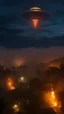Placeholder: A top view of village is burning and ufo in the sky is hovering at night with foggy smoke skies