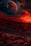 Placeholder: A lot of Prisoners line up in hell in front of a big wall , red clouds in the sky with huge amount of dead people laying on the ground