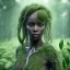 Placeholder: Octane render. Ultra realistic photo .the face of A young black woman. A wood nymph emerging from the forest. Her hair looks like vines. Dreadlocs. Her skin is the colour of dark soil. Her skin looks like tree bark. Her clothing is made of vines, grass and leaves.