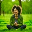 Placeholder: "A person smiles and feels contentment and serenity while practicing meditation in nature. They may be sitting on the grass or by a tranquil lake, placing their hands on their knees, and blissfully closing their eyes."\
