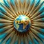 Placeholder: hundred azure colored feathers owith planet of the earth in golden center texture with word “ PEACE “ on 3D