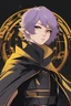 Placeholder: Woman with short lavender hair, yellow eyes, wearing a black cloak and futuristic black clothes, holding ninjato, Japanese background, RWBY animation style