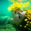 Placeholder: girl underwater with yellow flowers for hair, closed eyes, rtx, reflection, 8k, glow, winning photography, caustics