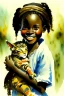 Placeholder: A cute smiling african girl is holding a kitten. Watercolour