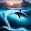 Placeholder: mountains vawy sea with a big dolphin jump out of water, nikon photo, cyberpunk lighting