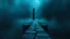 Placeholder: passage over nothingness, surreal, dark and cold abstract artwork dominated by deep blue, icy cyan, charcoal black and muted steel-grey tones. An narrow passageway emerges from an abstract distorted weird landscape, surrounded by thick fog and drifting mist. The space feels nightmare, alien and unsettling, with tiny floating circles and lines geometric forms, black onix column fragmented and unnatural perspectives. At the center of the composition cracked stone way over abyss