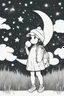 Placeholder: A little girl gazing at the night sky filled with stars and crescent moons. Incorporate stars of different sizes and crescent moons for a dreamy scene..,very happy , Colloring page for todlliers ; basic hawali style cartoon , black and white , ink outlines , , smooth , anime style , minimalist , cute eyes , full body , white shose , sketchbook , realistic sketch , free lines , on paper , character sheet , clean line art high detailed