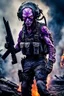 Placeholder: an epic 12k,ultra high definition , digital photo of a scary looking alien, purple colored alien, angy and rising from the ashes, a war veteran, army beret , captain rank, ripped and torn ammo clothing, chaotic fiery and dust background, dramatic close-up action shot of him behind the machine hand gun on the burned out war tanker,gothic and sinister