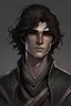 Placeholder: DND lean young male half-elf rogue caucasian skin short wavy dark mocha hair confident smirk