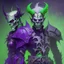 Placeholder: Demonio hombre con armadura verde y negro y casco de calavera posando con un demonio hombre de armadura morada y verde con cabellos blancos