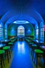 Placeholder: A restaurant whose outer walls are oval in shape and its interior is blue and its floor is light with a bar table in the middle of the restaurant in the shape of an oval containing 30 chairs and there are no windows in the restaurant