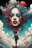 Placeholder: highly detailed full color concept illustration of " Well, she's walking through the clouds, with a circus mind that's running wild " , maximalist, sharp focus, finely detailed facial features, highest resolution, in the styles of Alex Pardee, Denis Forkas , and Masahiro Ito, boldly inked, 8k, coarse, gritty textures