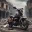 Placeholder: apocalyptic , atmospheric ancient BMW motorcycle with luggage ruined city