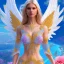 Placeholder: Flower angel, beautyful smiling young woman, long hair amazing blue eyes, happy cosmic, bright colors, blue, pink, gold, jewels, realistic, photo real, clear sunny background, highly detailed, high contrast, 8k high definition, unreal engine 5, extremely sharp detail, light effect, sunny light background