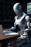 Placeholder: generate a front cover representation of Ai photo realistic attractive full body humanoid bot writing a book at a desk