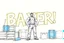 Placeholder: a drawing with sketch lead pencil, The word "BAXER" in yellow floating like a big sign, strong painting, strong expression, BAXER!, BAXER! the word Baxer, WOODEN CRATES AND BLUE BARRELS, A WORKING MAN STANDS THERE WITH VERY BIG STRONG MUSCLES