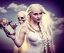 Placeholder: Very sensual gorgeous curvy young white woman blonde hair maiden dressed in white posing sensually with plaits, and with a skull in her hand, background of ancient marble Roman arcs heavenly sunshine beams divine bright soft focus holy in the clouds steampunk engine steampunk engine.