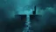 Placeholder: passage over nothingness, surreal, dark and cold abstract artwork dominated by deep blue, icy cyan, charcoal black and muted steel-grey tones. An thin narrow passageway emerges from an abstract distorted weird landscape, surrounded by thick fog and drifting mist. The space feels dreamlike, alien and unsettling, with fragmented floating circle geometric forms, black onix architectural fragments and unnatural perspectives. At the center of the composition cracked stone and glass way over abyss