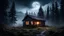 Placeholder: cabin in the mountain forest, moonlight, intense mist, UFOs in the sky, clouds, no people, dead animals, high definition, good understanding of artificial intelligence, very darkness.